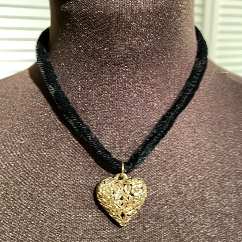 Gold Heart Charm on Black Velvet Choker